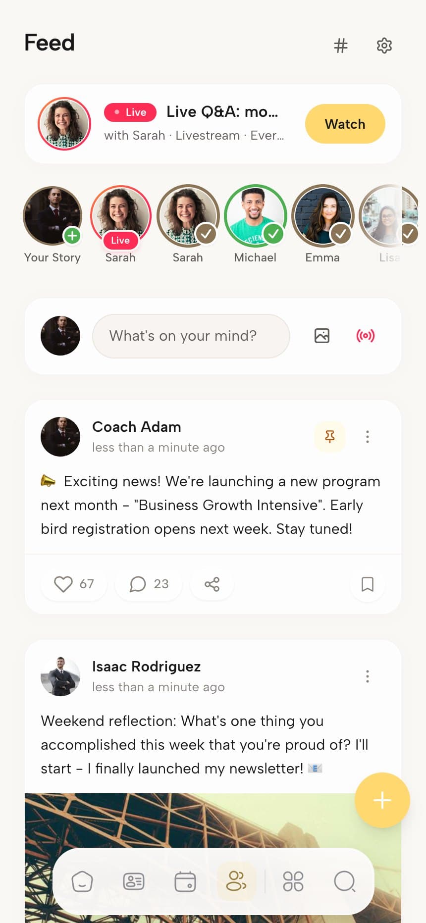 Coachful community feed on a phone showing a live event, story rings, a post composer and coach announcements with likes and comments