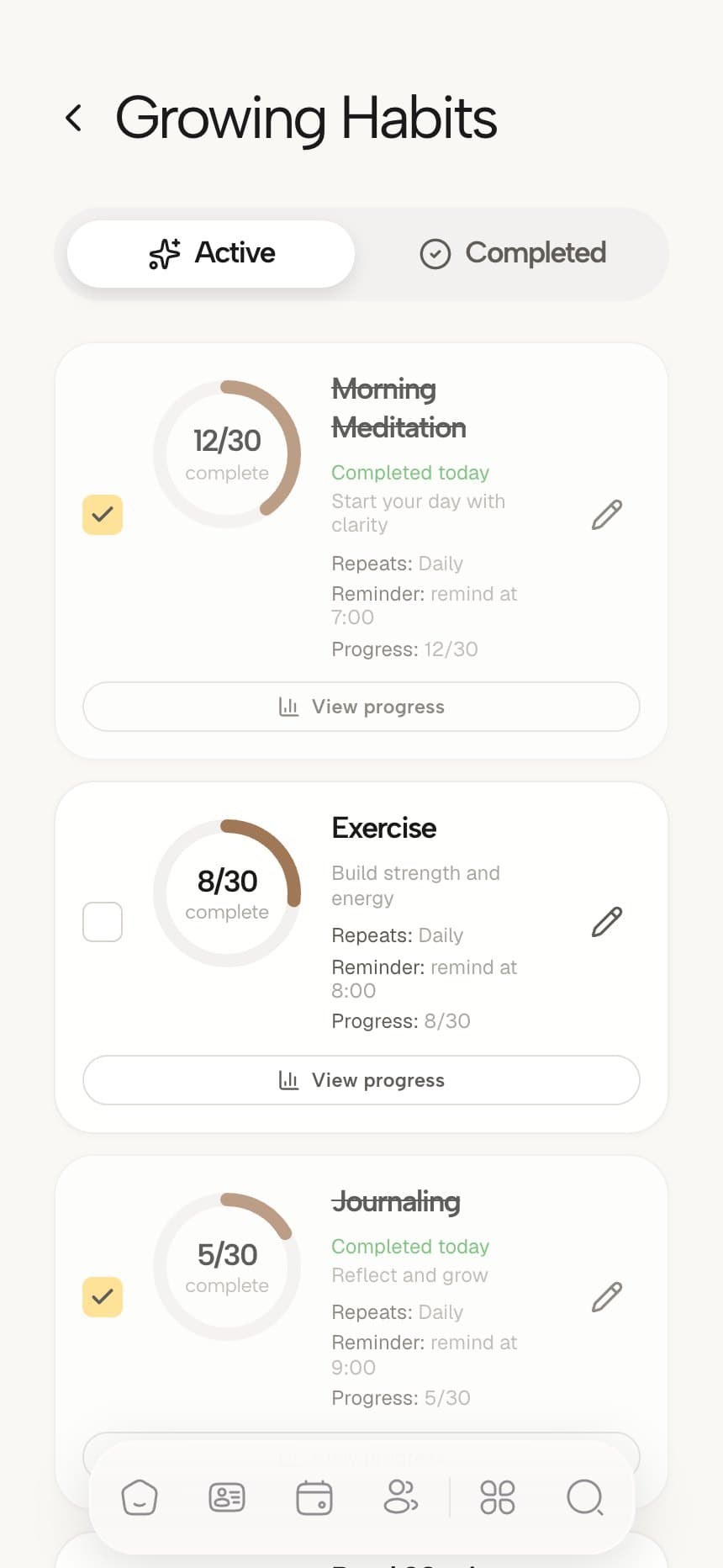 Coachful habits view on a phone showing three habit cards with circular progress, descriptions and daily reminders