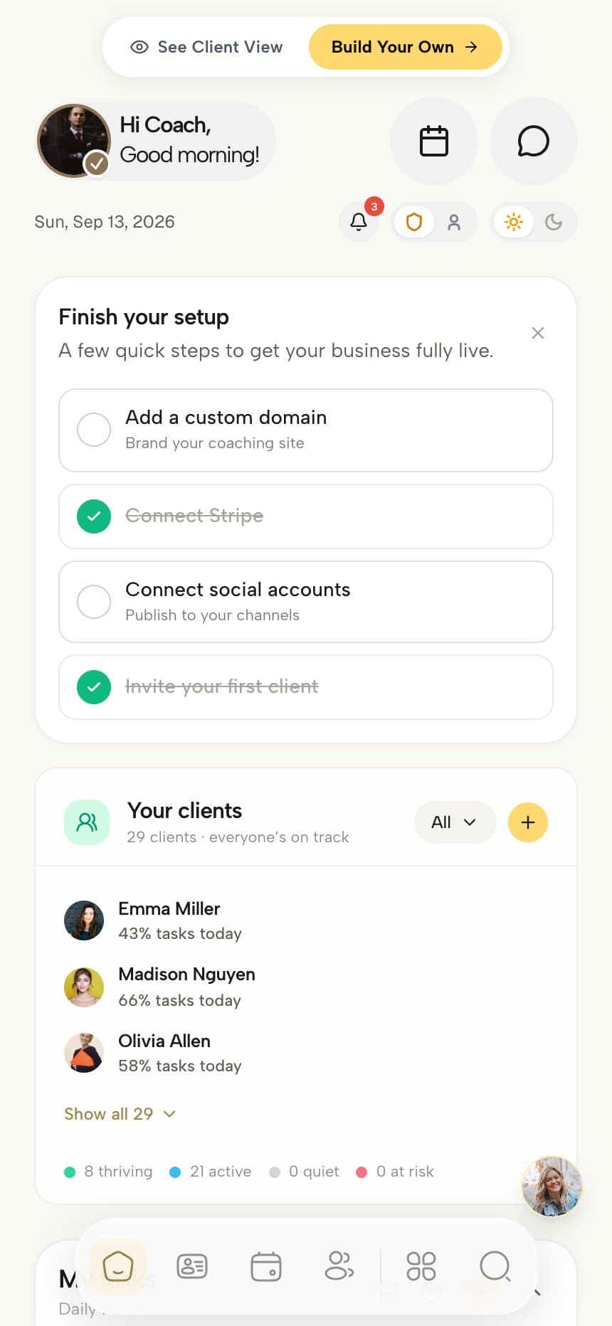 Coachful client app on a phone showing the daily home with tasks, habits and upcoming sessions