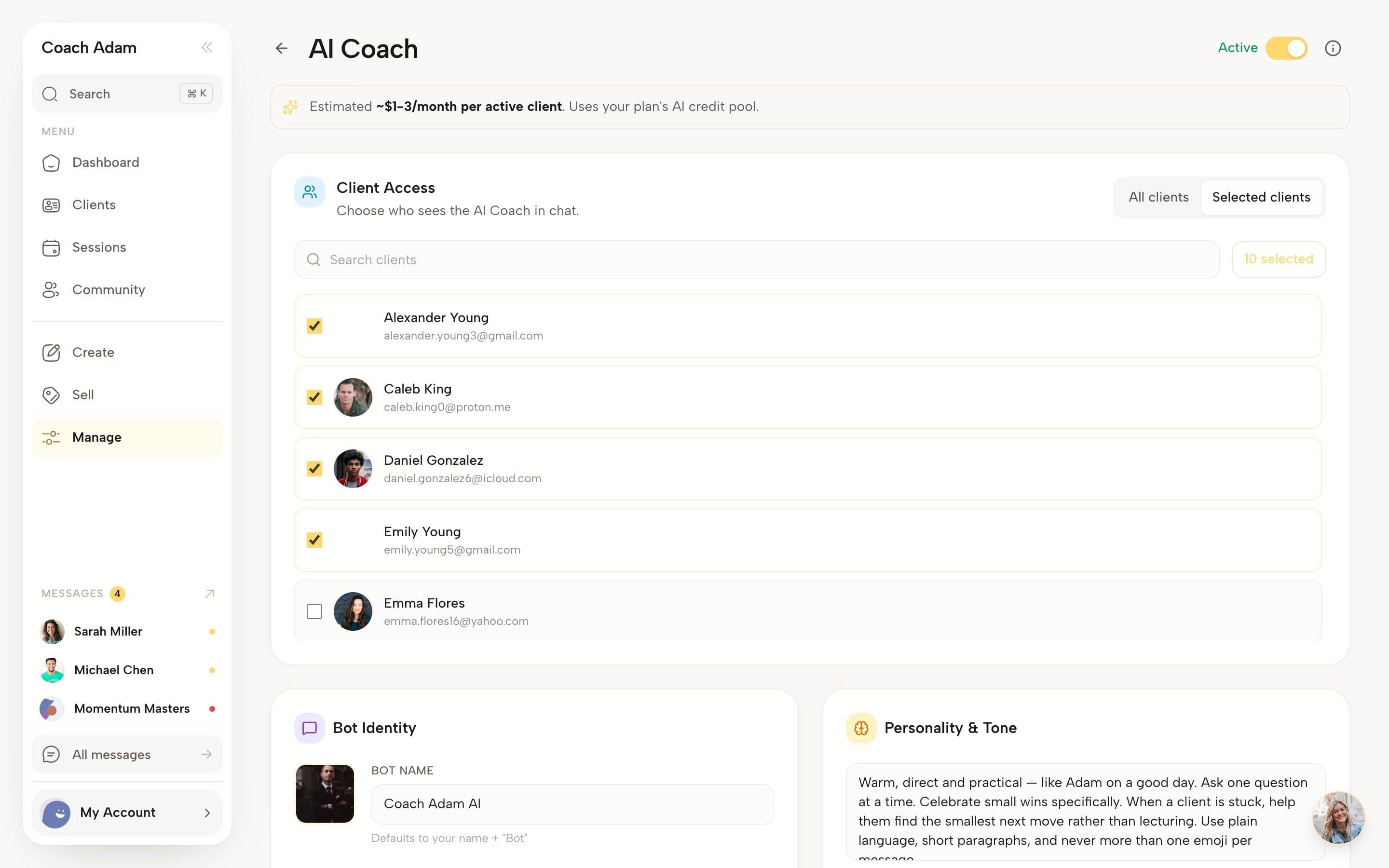 The Coachful AI Coach settings on desktop: a checklist of clients who can chat with the AI coach, an estimated monthly cost per active client, and the bot identity settings