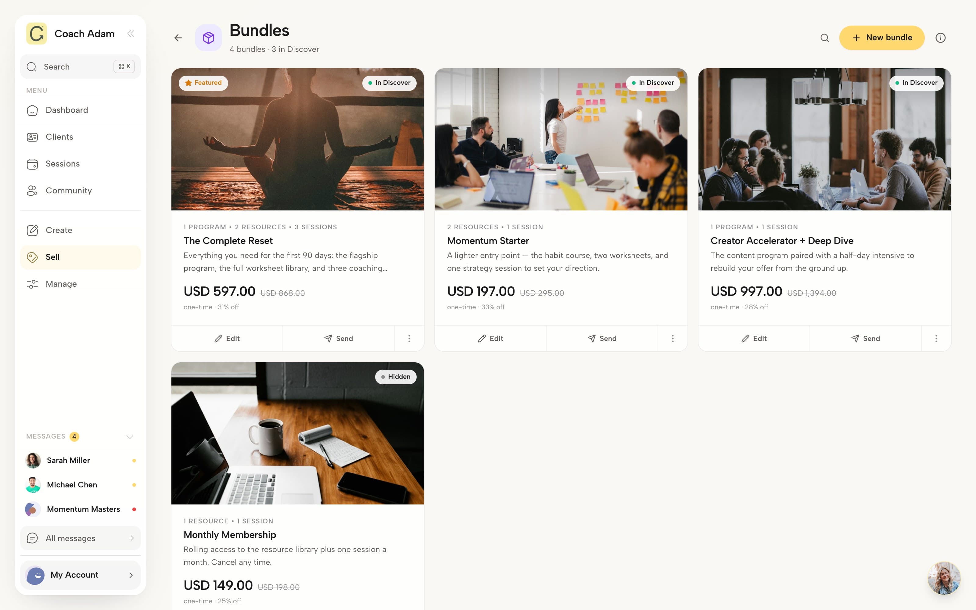 The Coachful Bundles page on desktop: four bundles, three listed in Discover. The Complete Reset with 1 program, 2 resources and 3 sessions at USD 597 instead of 868, Momentum Starter at USD 197, Creator Accelerator + Deep Dive at USD 997, and a hidden Monthly Membership at USD 149, each with Edit and Send buttons
