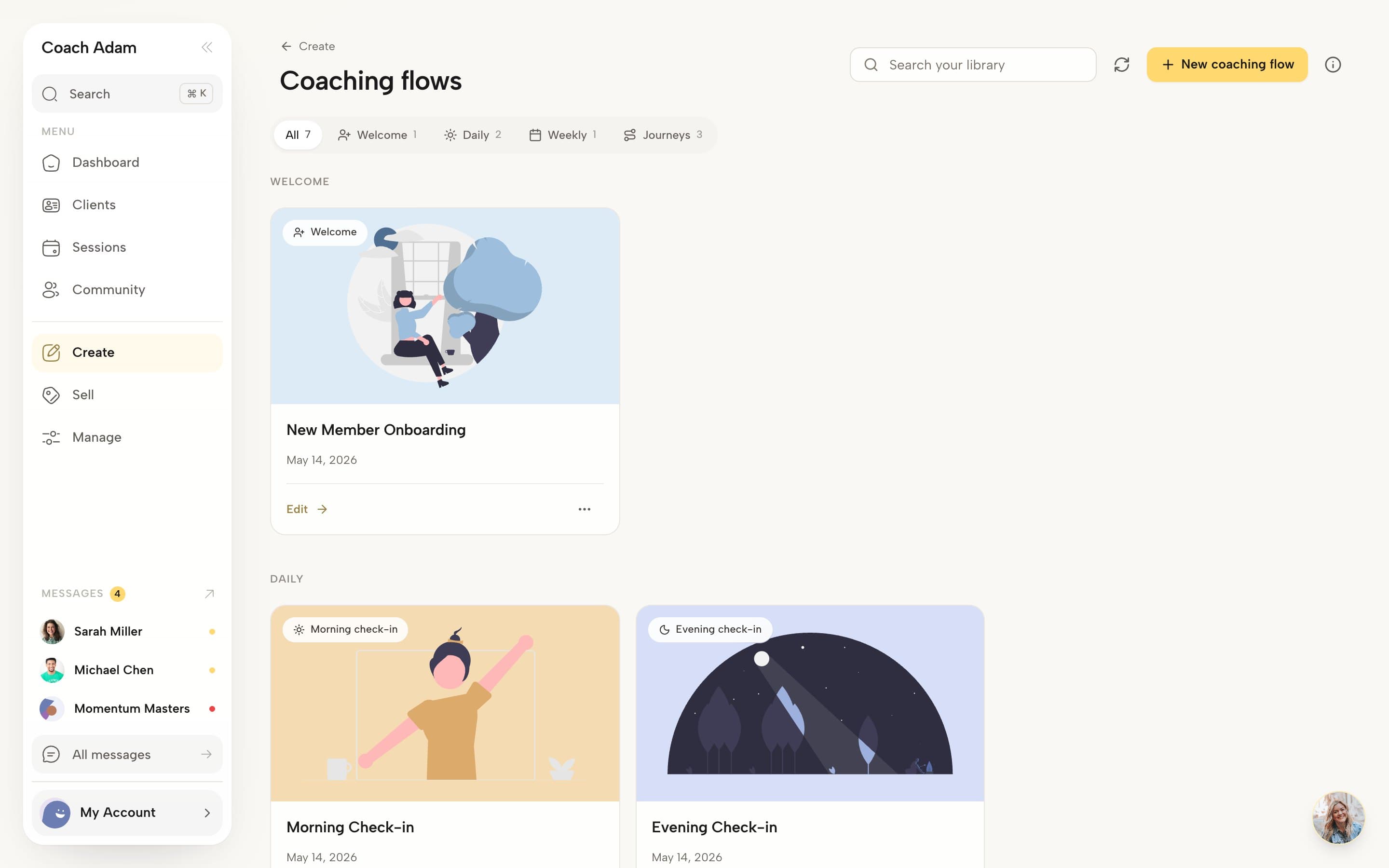 Coachful flows library showing welcome, daily and weekly check-in flows and journeys as cards