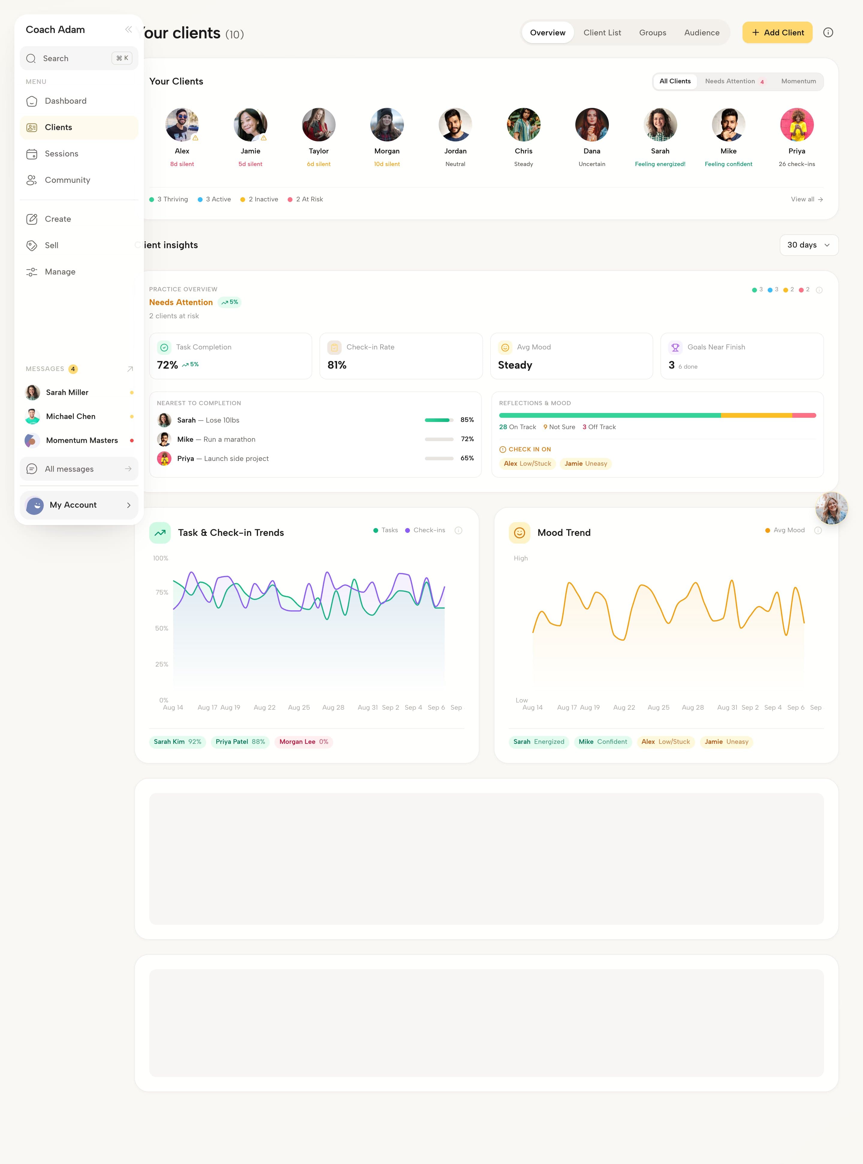 Coachful clients page showing client avatars with status badges and an insights panel with task completion, check-in rate and mood