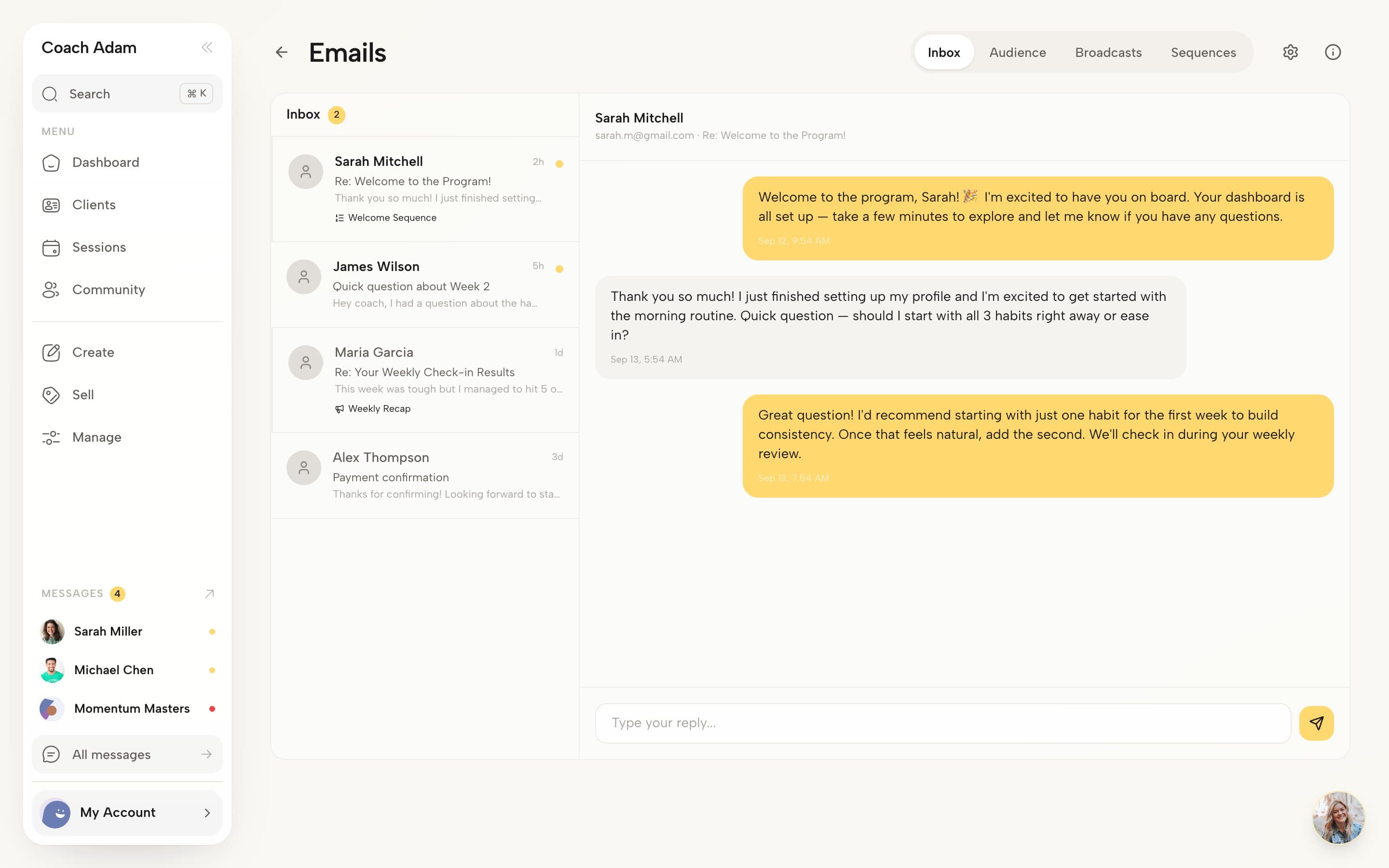 Coachful email interface showing an inbox, a conversation list and an expanded coach and client email exchange