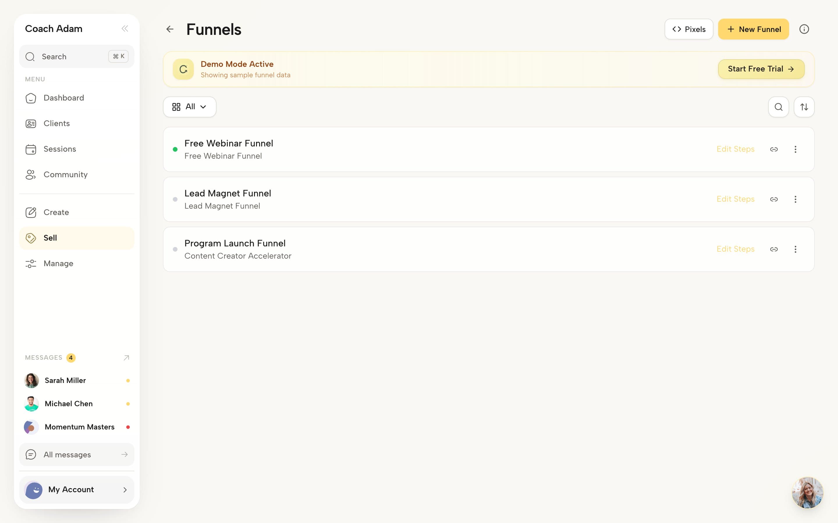 Coachful funnels page listing a free webinar funnel, a lead magnet funnel and a program launch funnel with edit and view actions