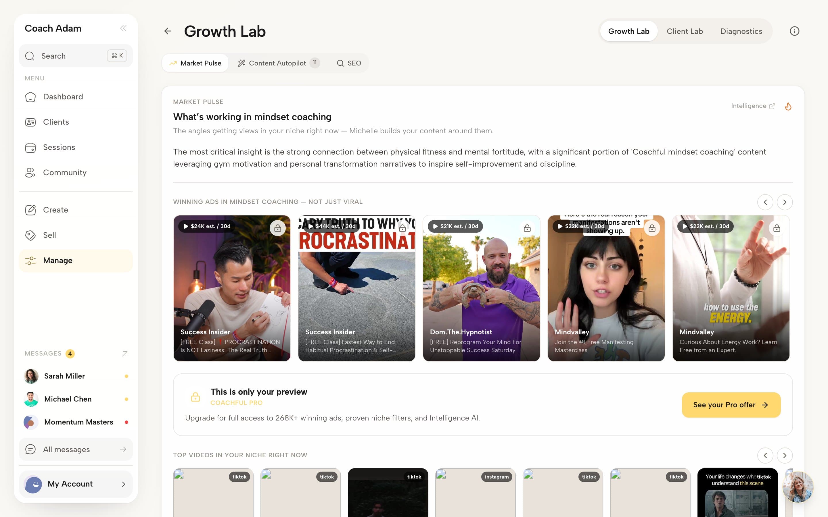 Coachful Growth Lab showing Market Pulse with an insight about what is working in mindset coaching and a carousel of winning ads