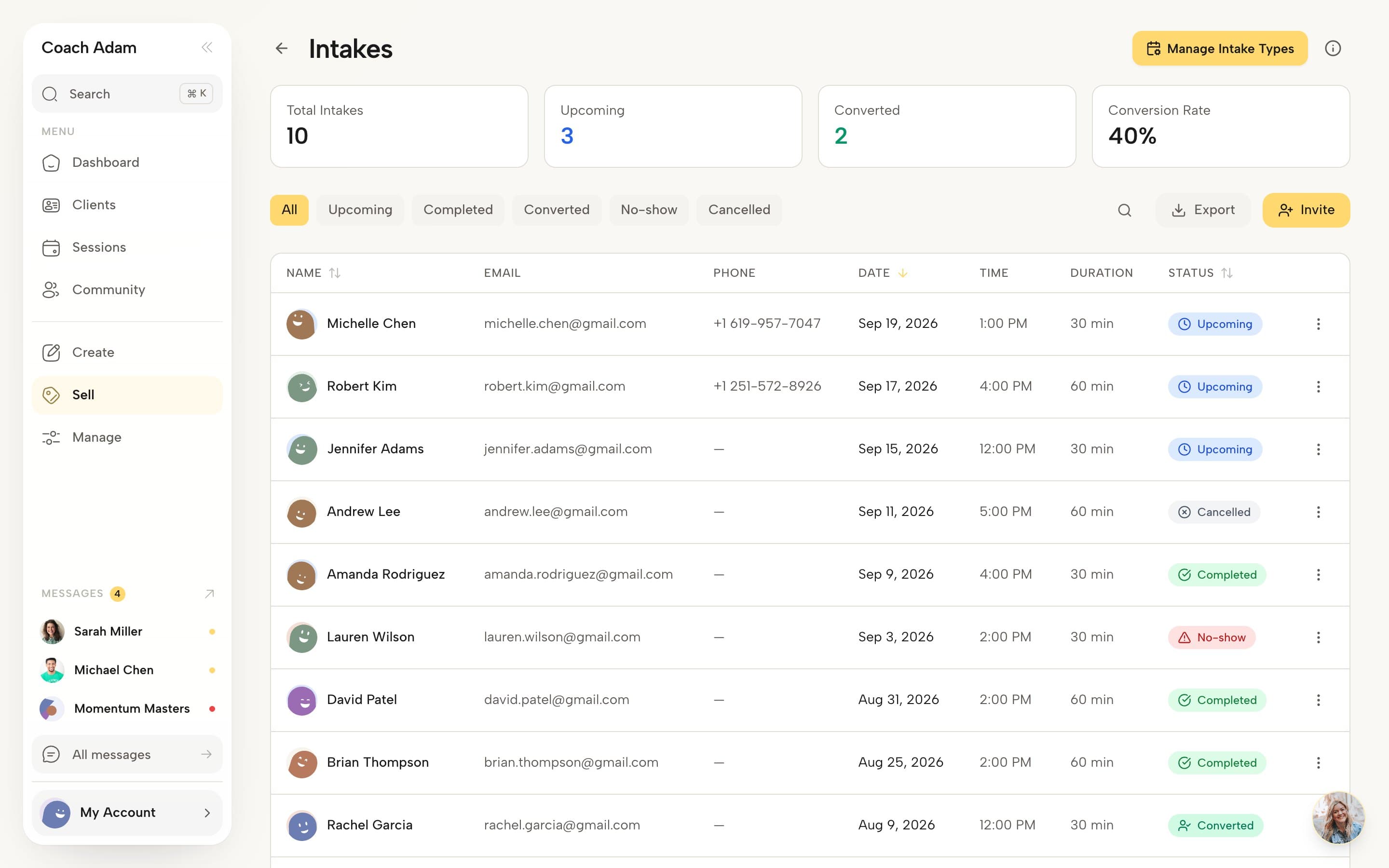 Coachful intakes page showing total intakes, upcoming, converted and a conversion rate above a table of intake calls