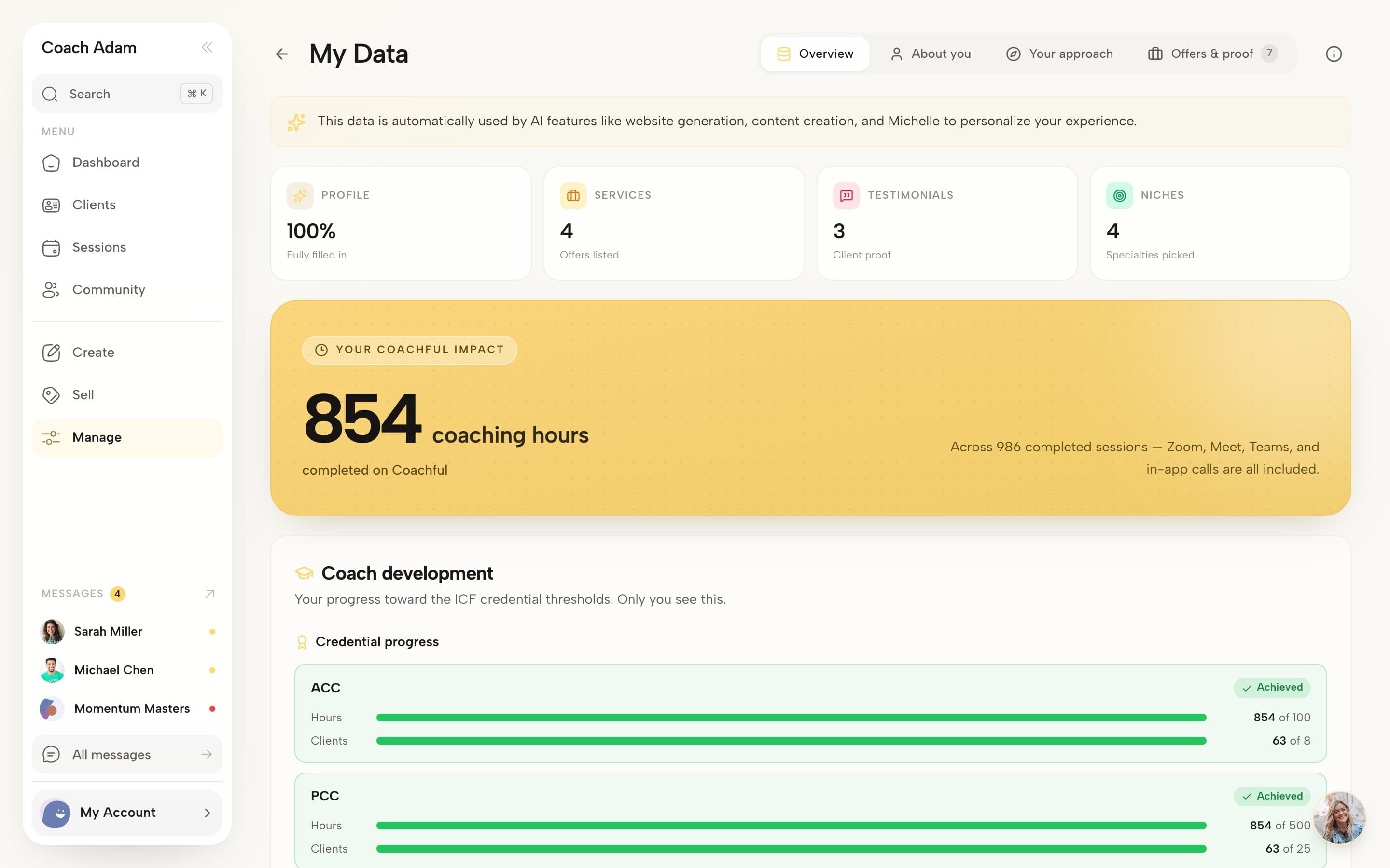 Coachful My Data dashboard showing a banner with total coaching hours across sessions and ICF credential progress