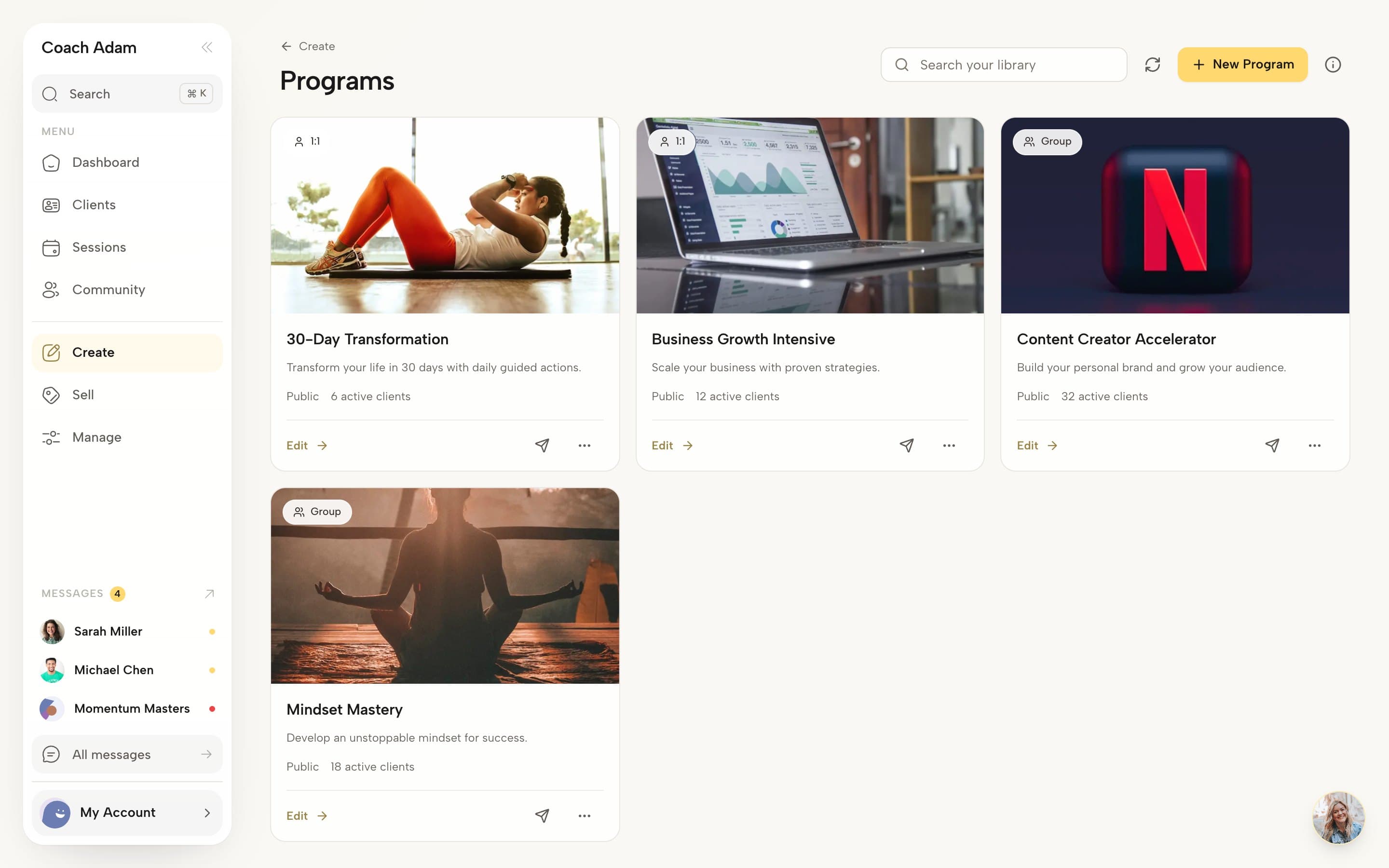 Coachful programs library showing four program cards with cover images, type and the number of active clients on each