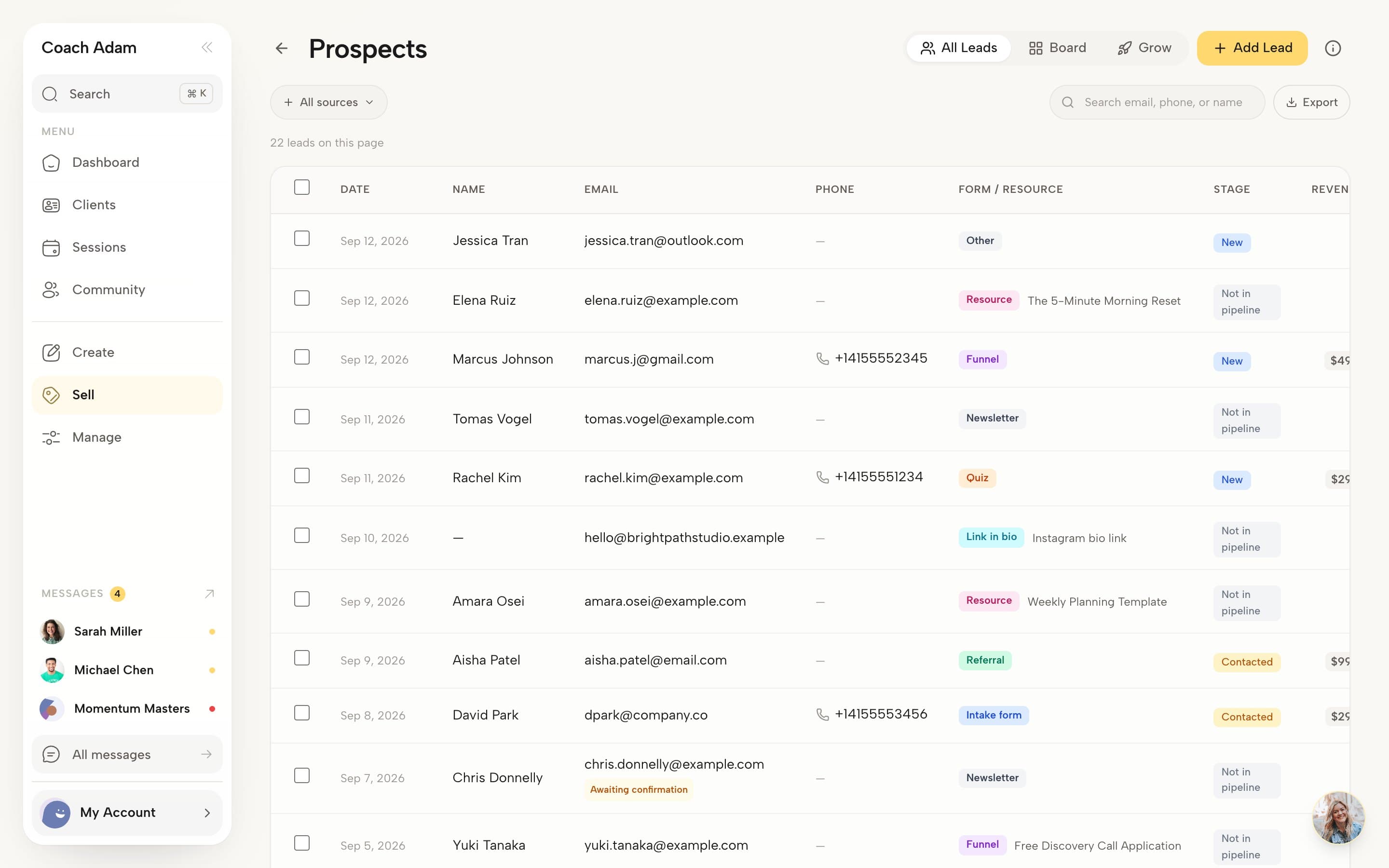 Coachful prospects page showing leads with the funnel, quiz or link in bio that captured each one, plus pipeline stage and revenue