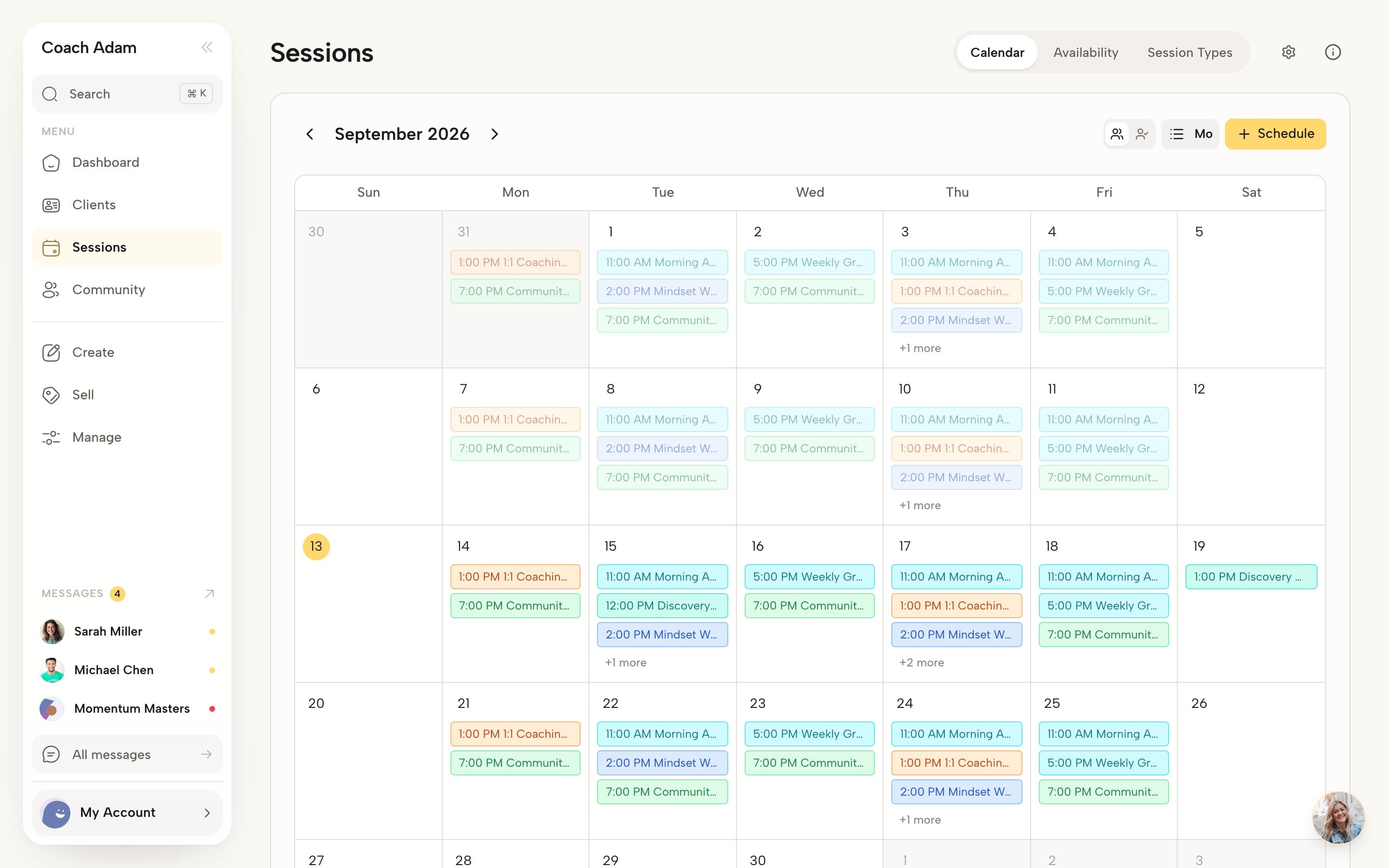 Coachful calendar for a month showing colour-coded one-to-one sessions, accountability calls, group sessions and workshops