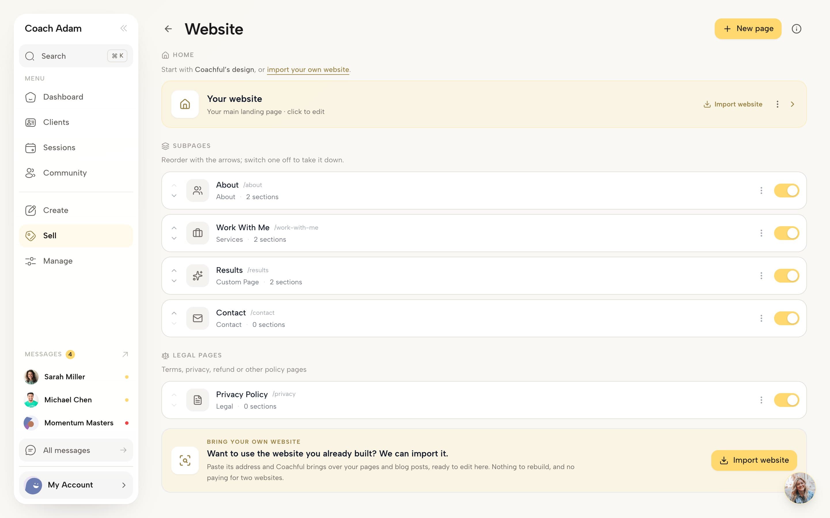 The Coachful Website tab on desktop: the main landing page card, subpages About, Work With Me, Results and Contact with their section counts and on switches, a Privacy Policy legal page, and a Bring your own website import panel