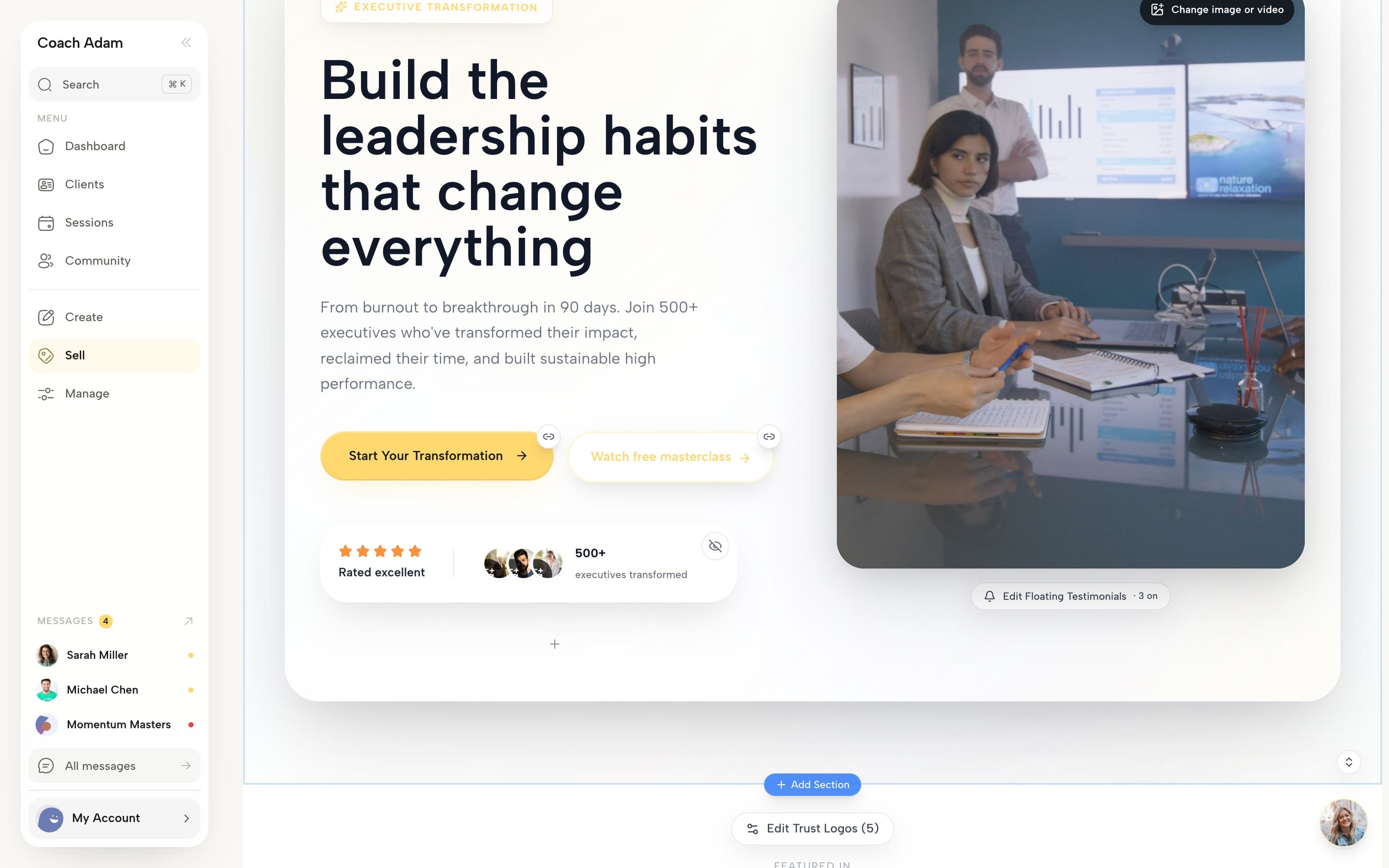 The Coachful website editor on desktop: a coach's homepage hero edited in place, with the headline, two buttons with link controls, a Rated excellent strip, a Change image or video control, an Edit Floating Testimonials control and an Add Section button