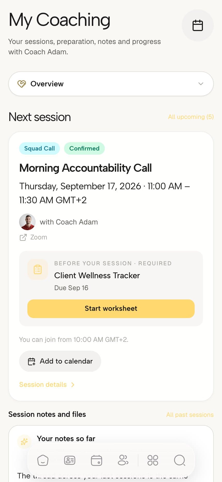 Coachful client coaching hub on a phone showing the next session with a joining link, a required pre-session worksheet and session notes