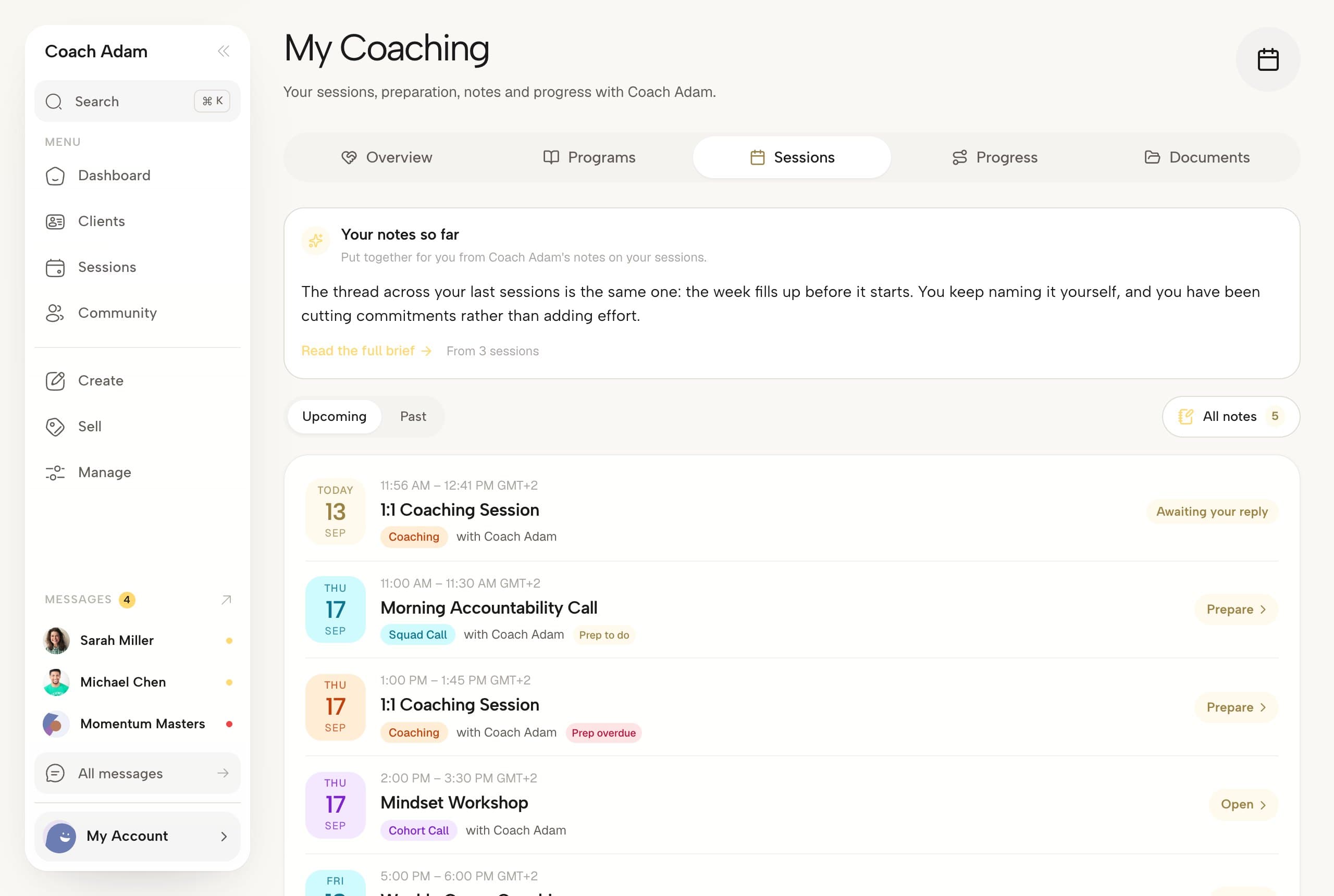 Coachful client coaching view showing the session, compiled notes and what was agreed