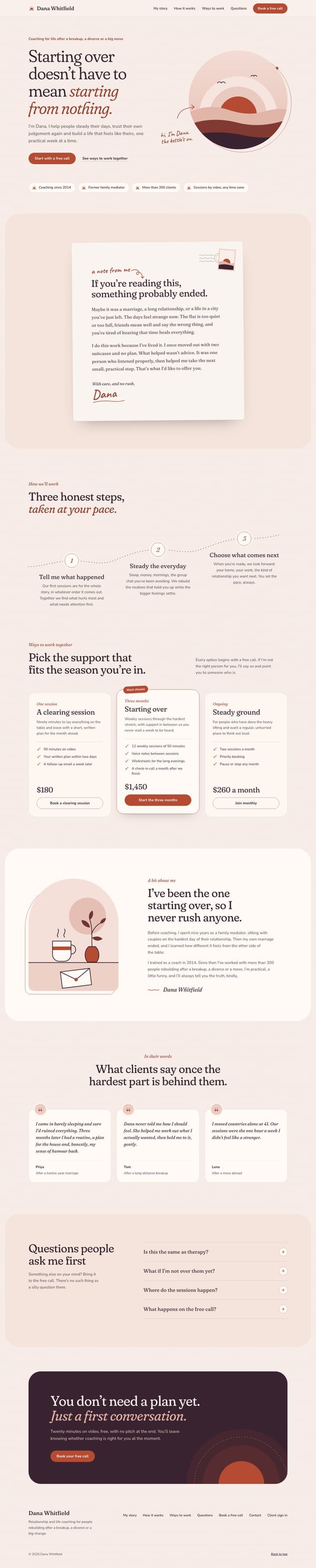 Full-page desktop preview of the Hearth coaching website template, best for Life, relationship and transition coaches. Warm and personal, with a handwritten letter, soft shapes and three offers set side by side.