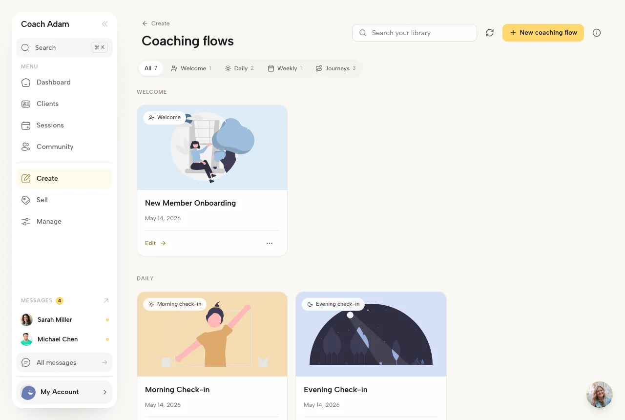 Coachful coaching flows library with welcome, daily check-in, weekly, and journey sections