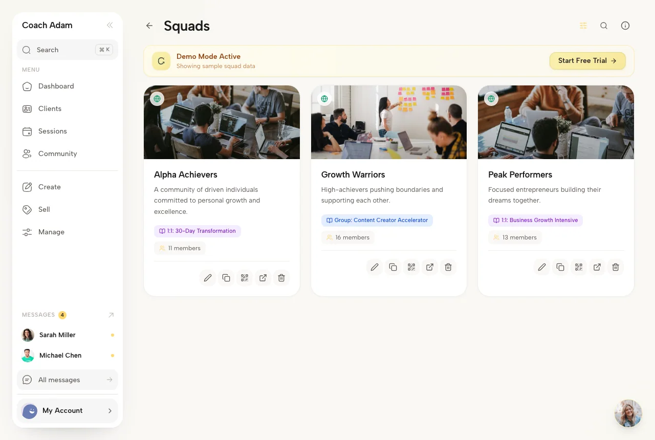 Coachful squads with program-linked community spaces and member counts