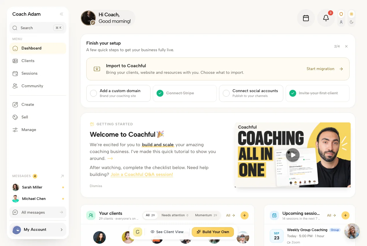 Coachful dashboard showing clients, upcoming sessions and practice setup