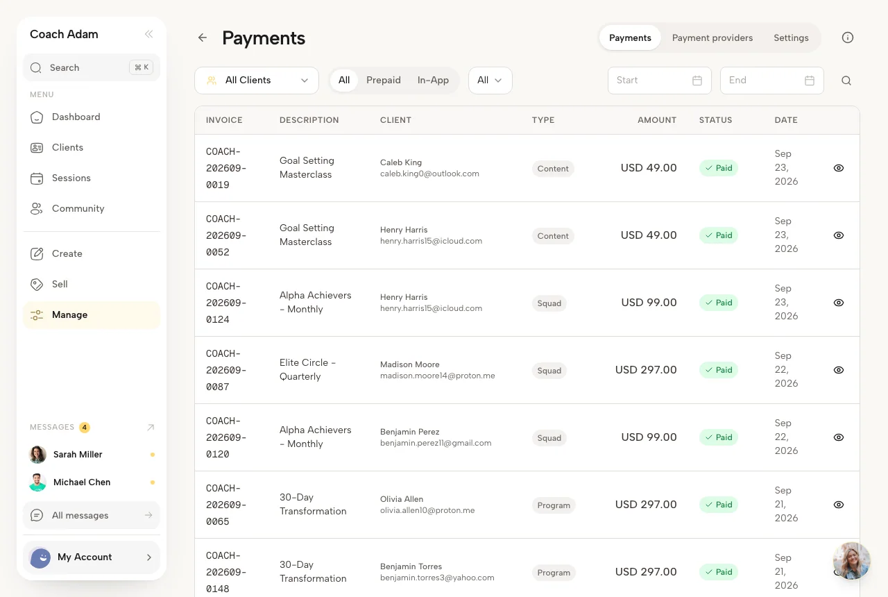 Coachful payments view with invoices, clients, offer types, and payment status