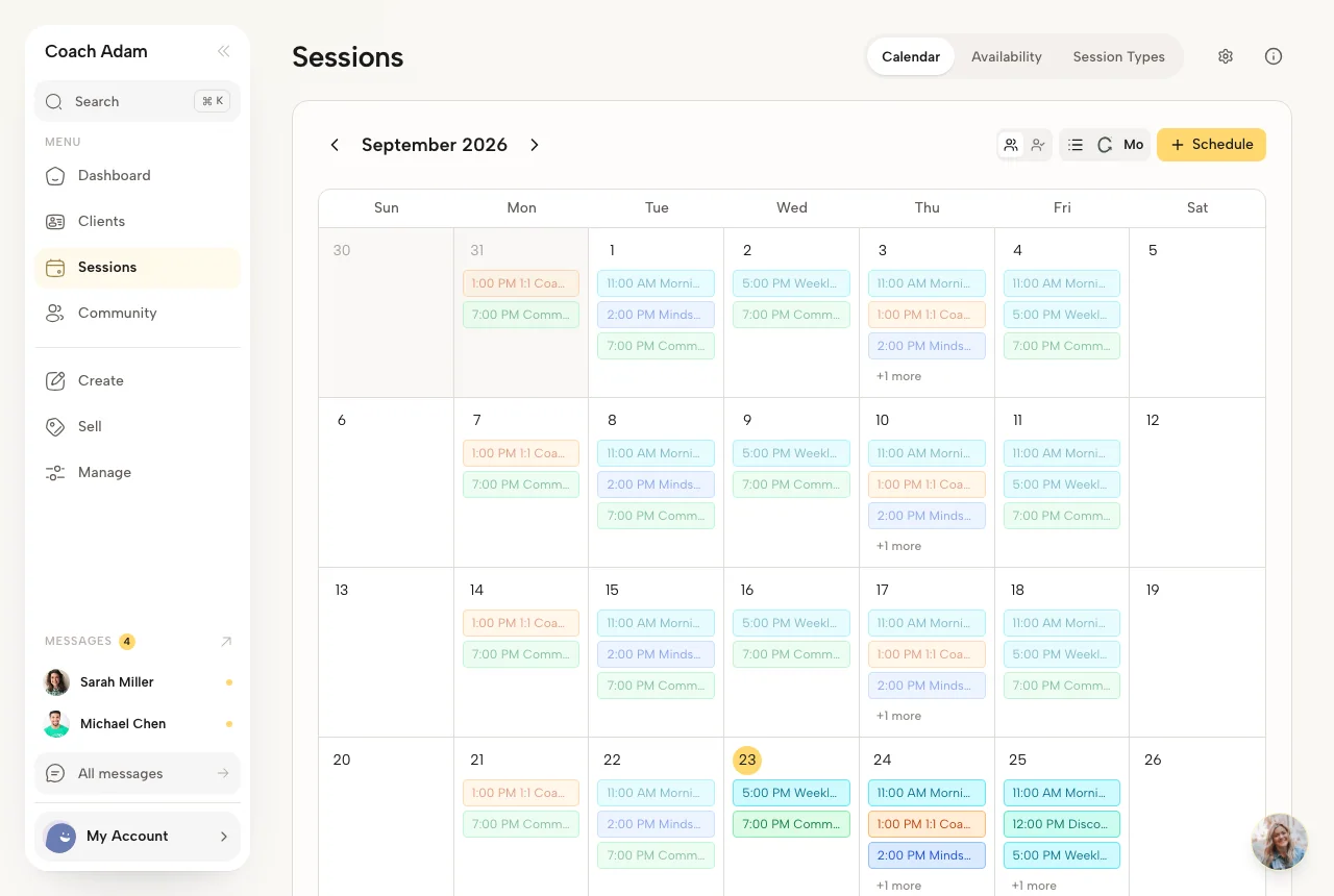 Coachful sessions calendar showing one-to-one and group coaching appointments