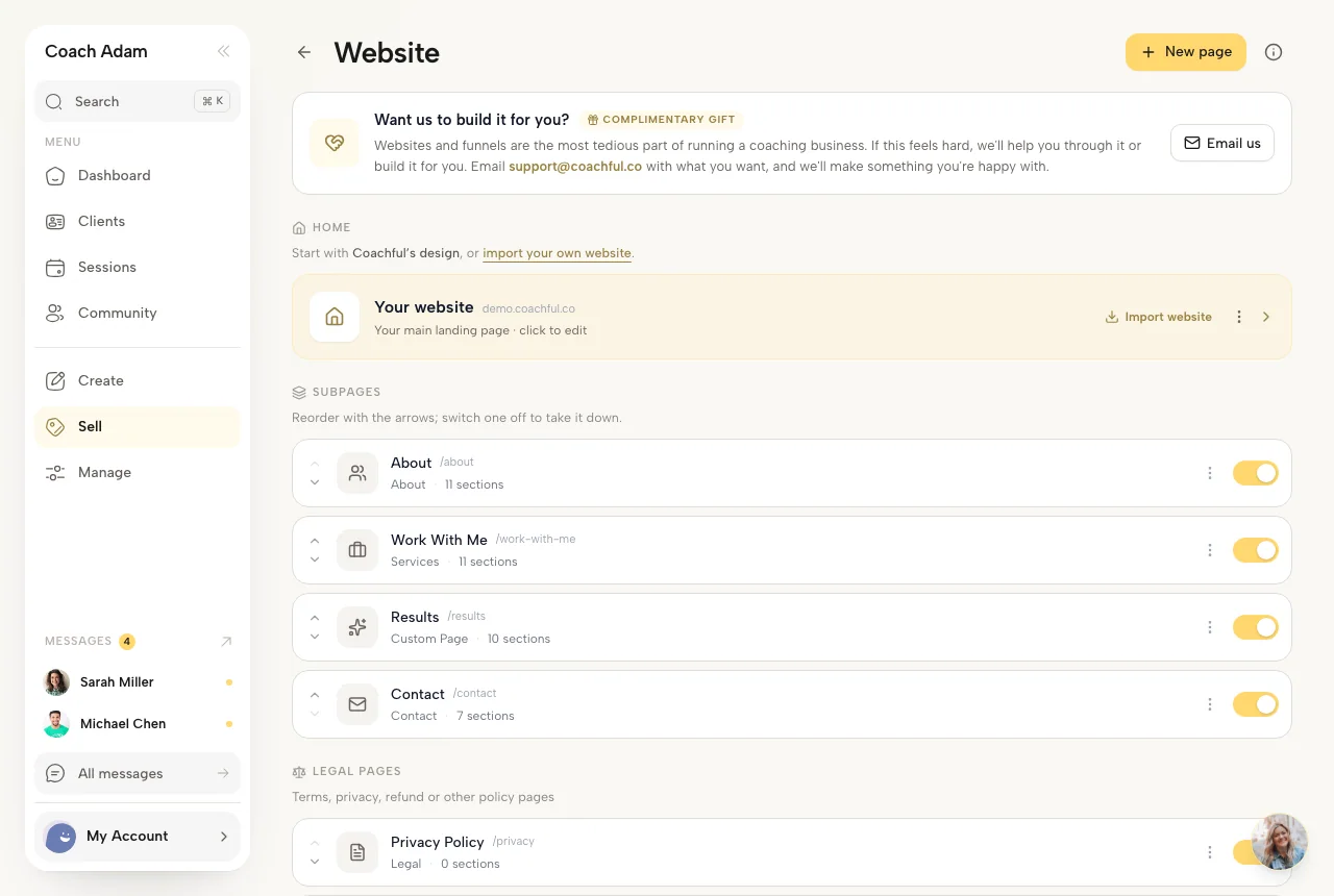 Coachful website area with a homepage, subpages, and publishing controls