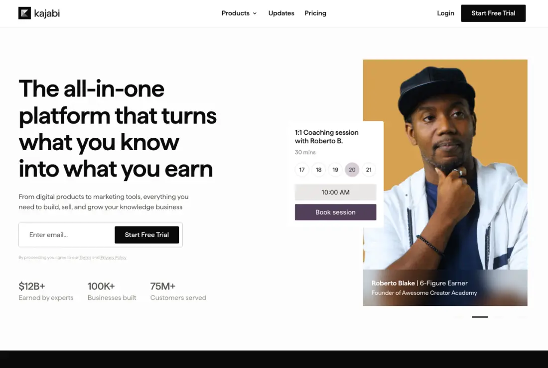 Kajabi website presenting its course and online business platform